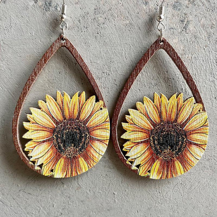 Fashion Drop Shape Sunflower Wooden Women's Earrings