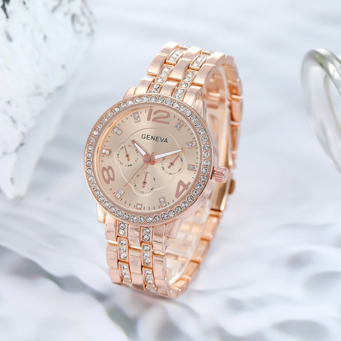 Steel Band Quartz Watch Ladies Temperament Business Three Eyes Rose Gold Watches