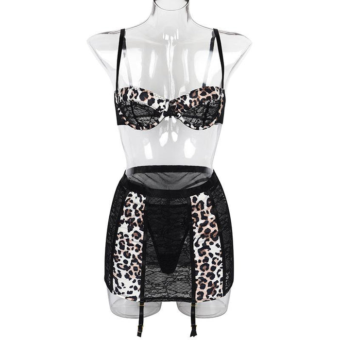 Women's Sexy Leopard Print Lace Skirt Underwear Set