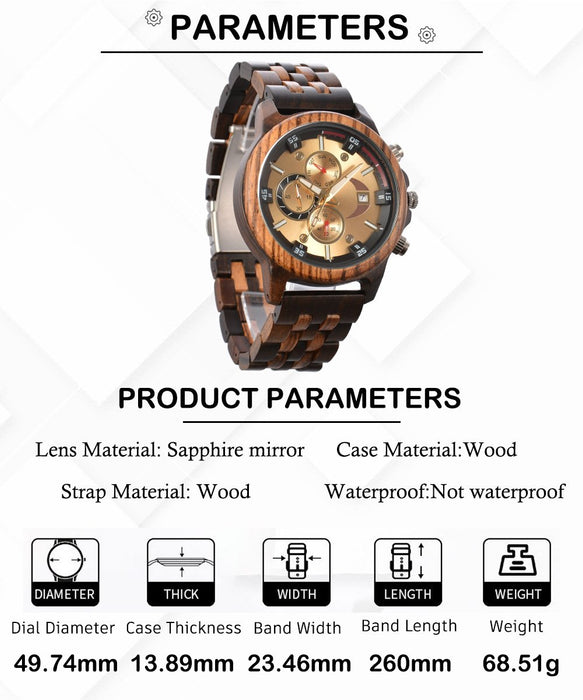New Men's Business Multifunctional Luminous Wooden Quartz Watch