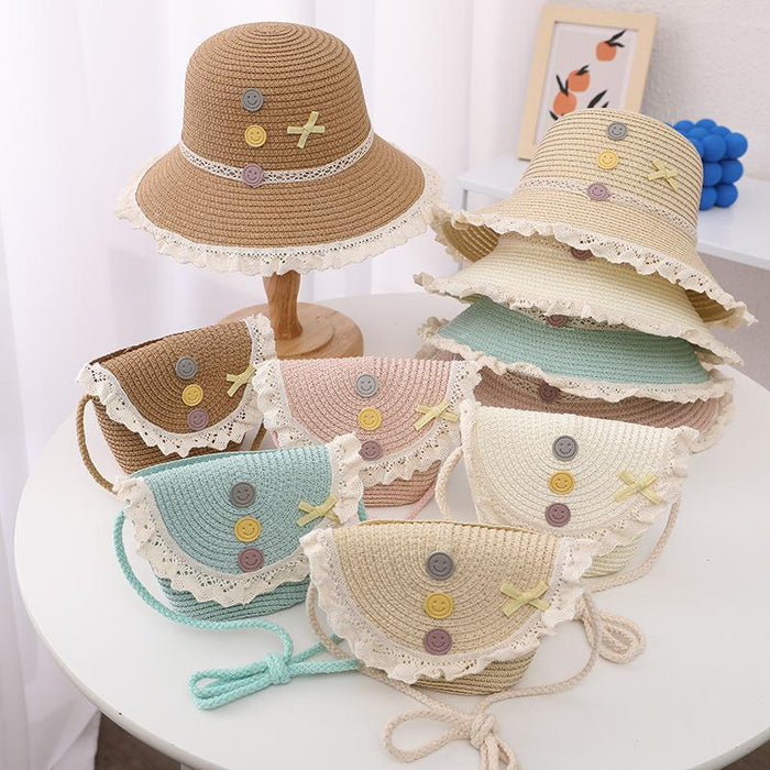 Trendy Three-color Button Children's Lace Straw Hat Bag Set