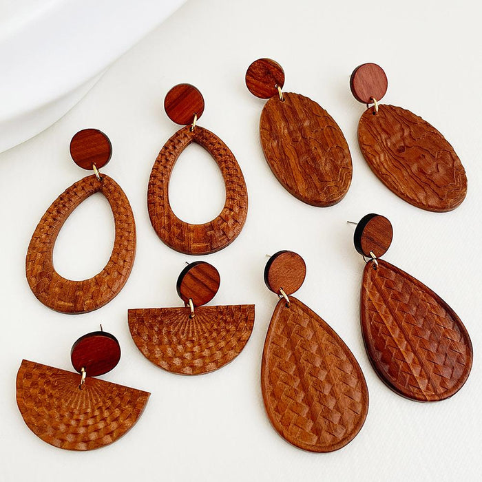 Vintage Log Bohemian Style Hollow Solid Wood Water Drop Earrings Jewelry