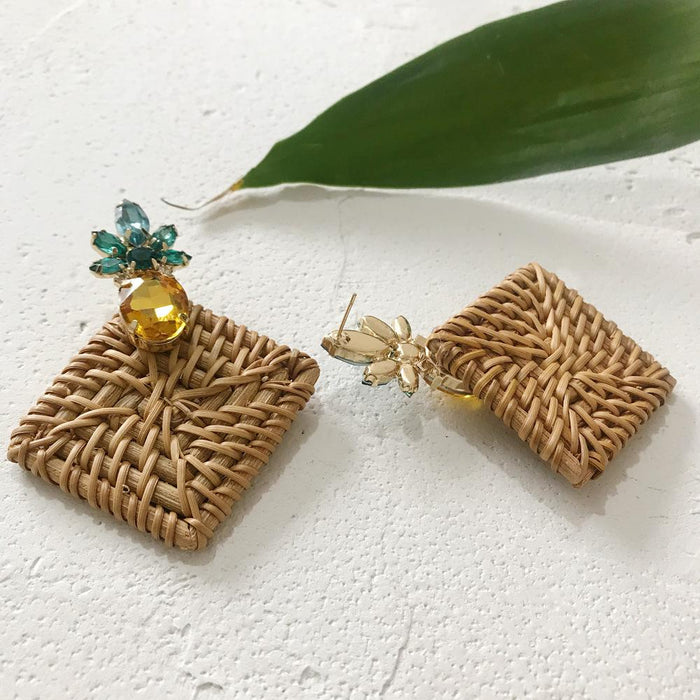 Geometric Round Rhinestone Fruit Pineapple Rattan Earrings