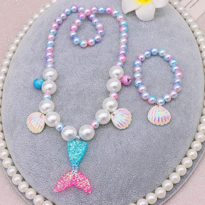 Children's Beauty Fishtail Pearl Necklace Bracelet Ring Earring Set