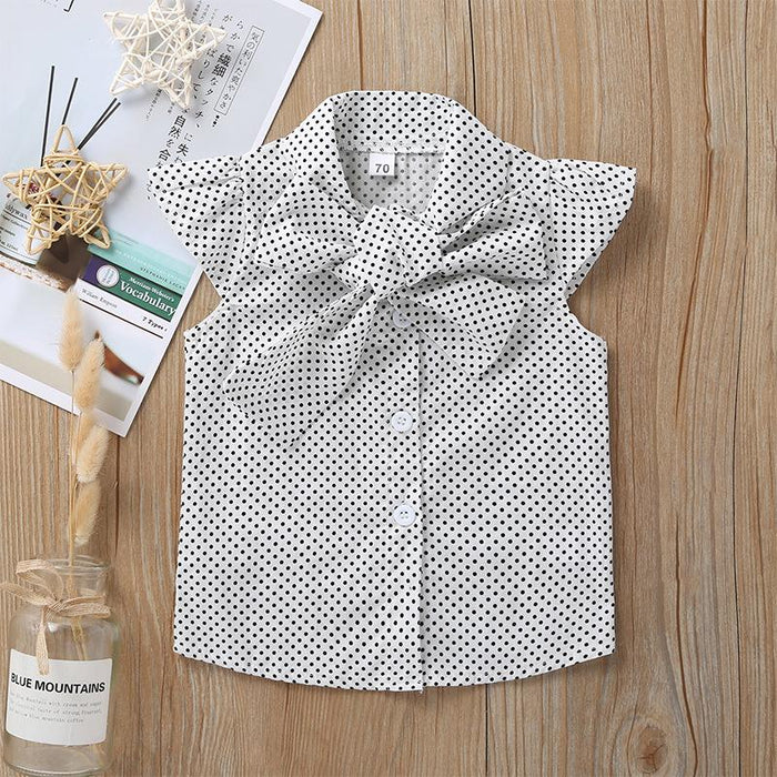 Girls DOT BOW fly sleeve top solid color single breasted strap skirt