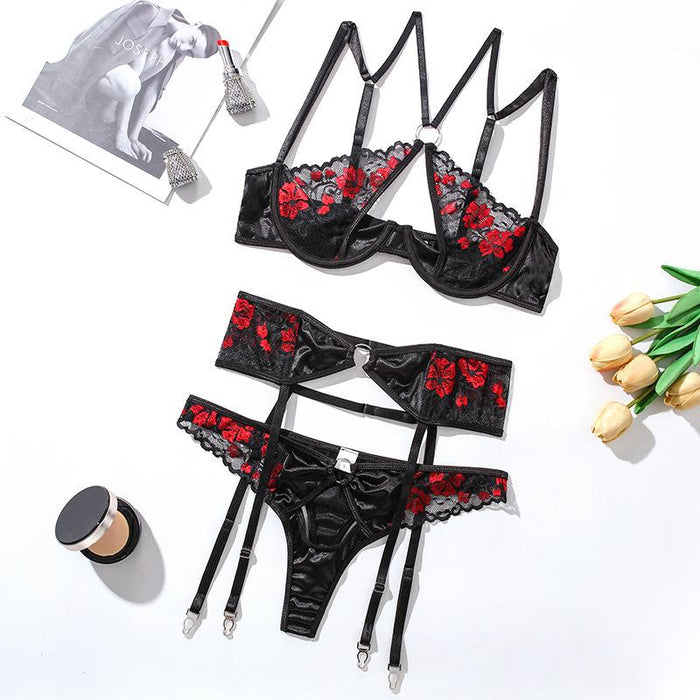 Women's Lace Mesh Embroidered Lingerie Pull Up Underwear Set