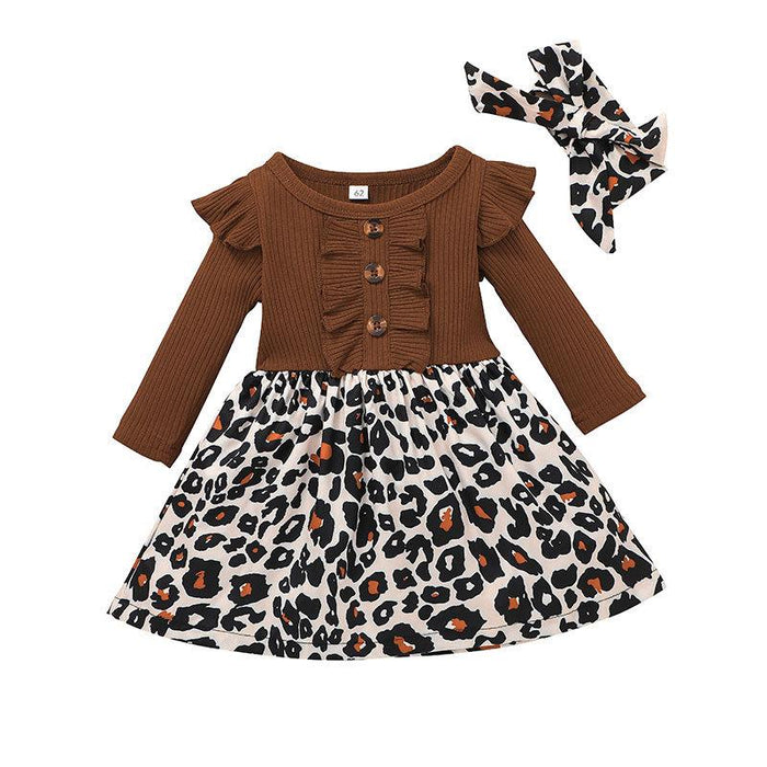 Gilrs Leopard Long Sleeve Skirt with Headband