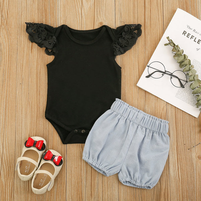 Girls' black fly sleeve top grey shorts two piece set