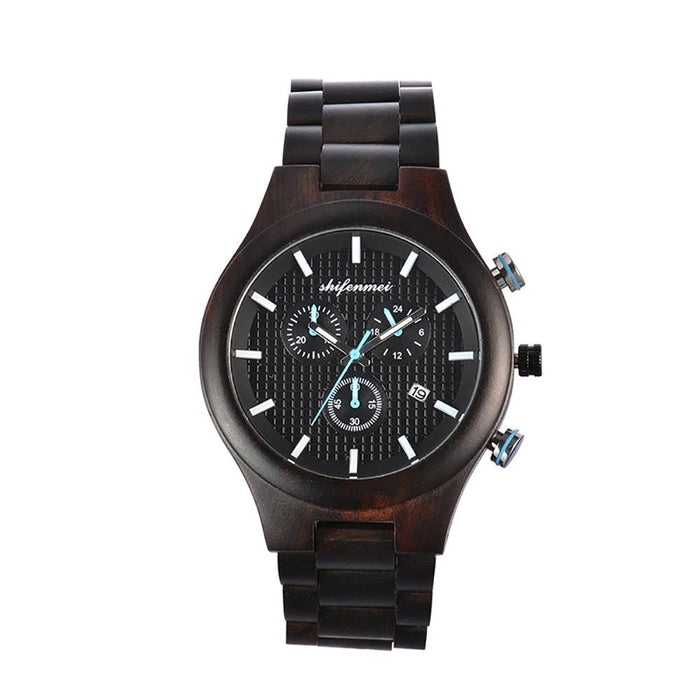 Classic Fashion Multifunctional Waterproof Three Eye Wooden Quartz Watch