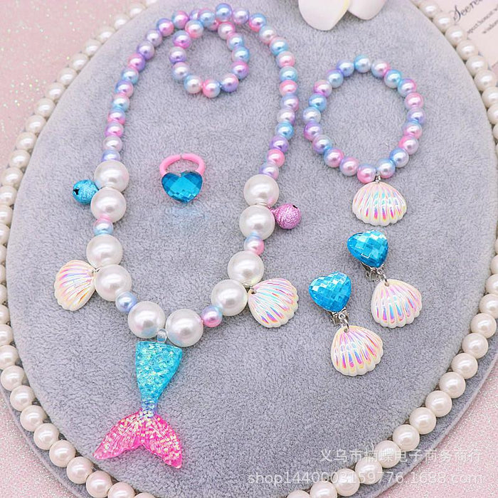 Children's Beauty Fishtail Pearl Necklace Bracelet Ring Earring Set