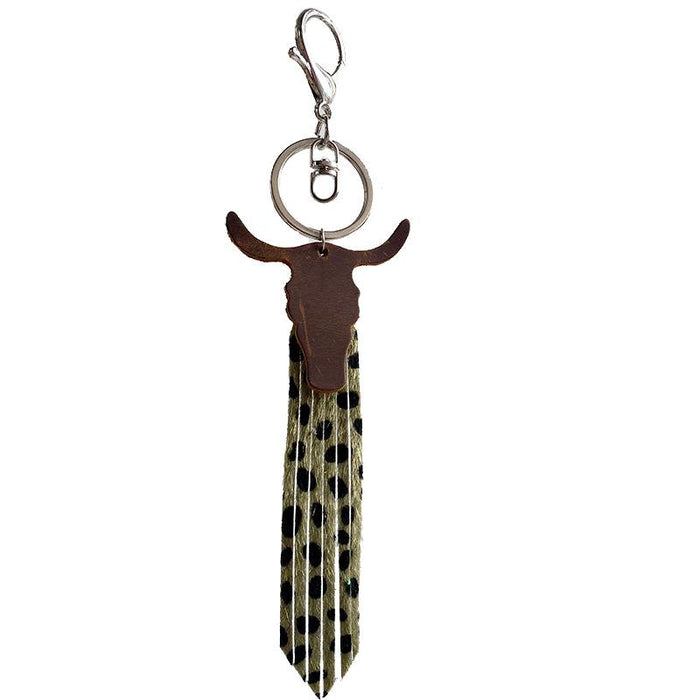 Western Leather Key Chain Texture Ox Head Leopard Fringe Pendant