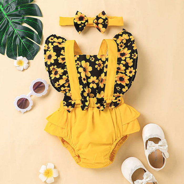 Cute Baby Children's Yellow Flower Jumpsuit With Headband
