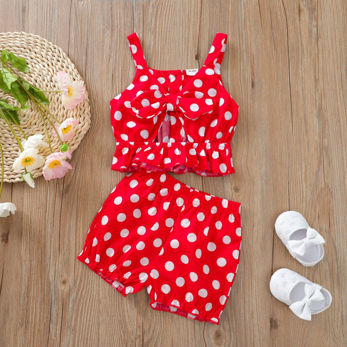 Suspender dot bow top and shorts two piece set