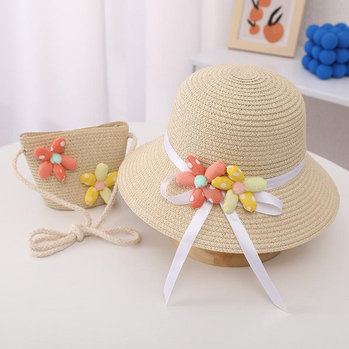 Summer Trendy Flower Streamer Children's Straw Hat Bag Set
