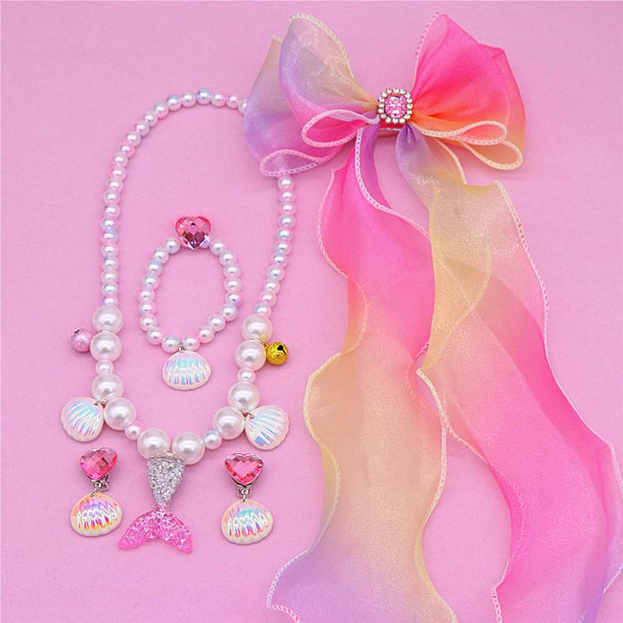 Children's Beauty Fishtail Pearl Necklace Bracelet Ring Earring Set