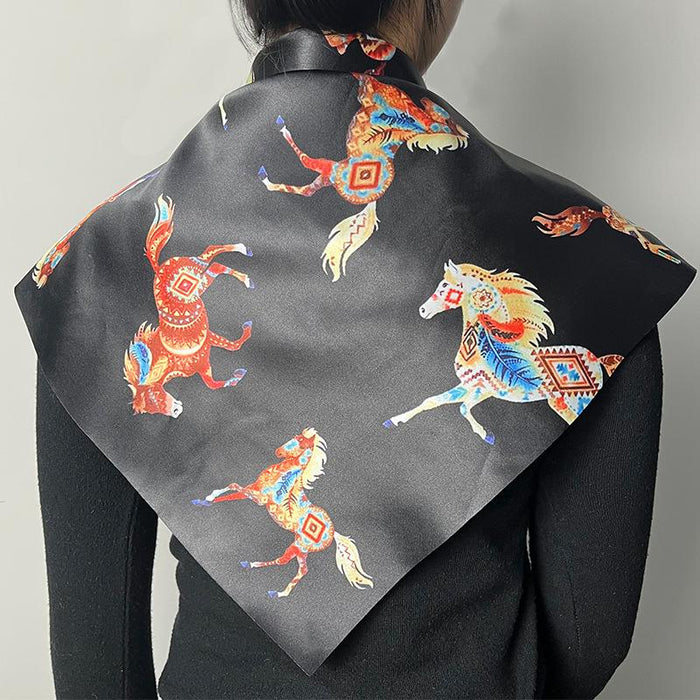 Fashion Black Horse National Style Retro Western Printed Totem Generous Scarf