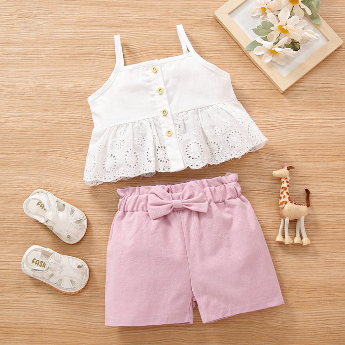 Suspender lace solid colour bow two piece set European and American girls' set cross border children's wear middle and small children