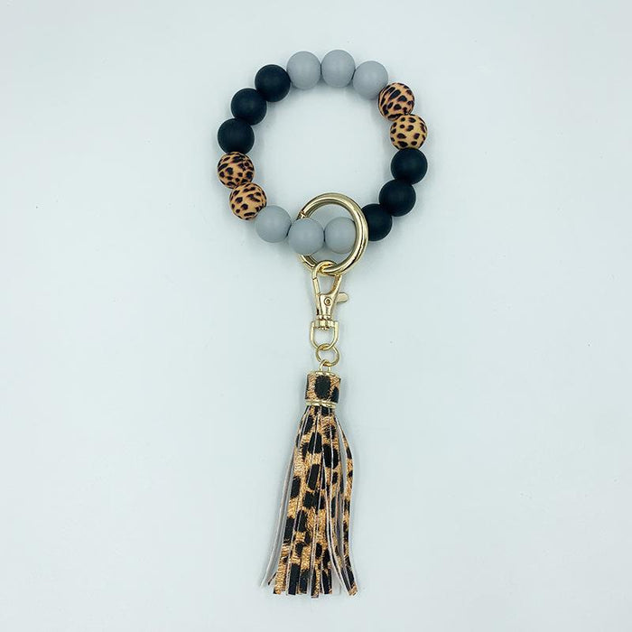 PU Leather Tassel Silicone Bead Bracelet Keychain