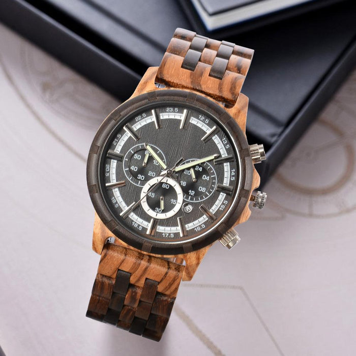 New Men's Multifunctional Business Luminous Large Dial Wood Quartz Watch