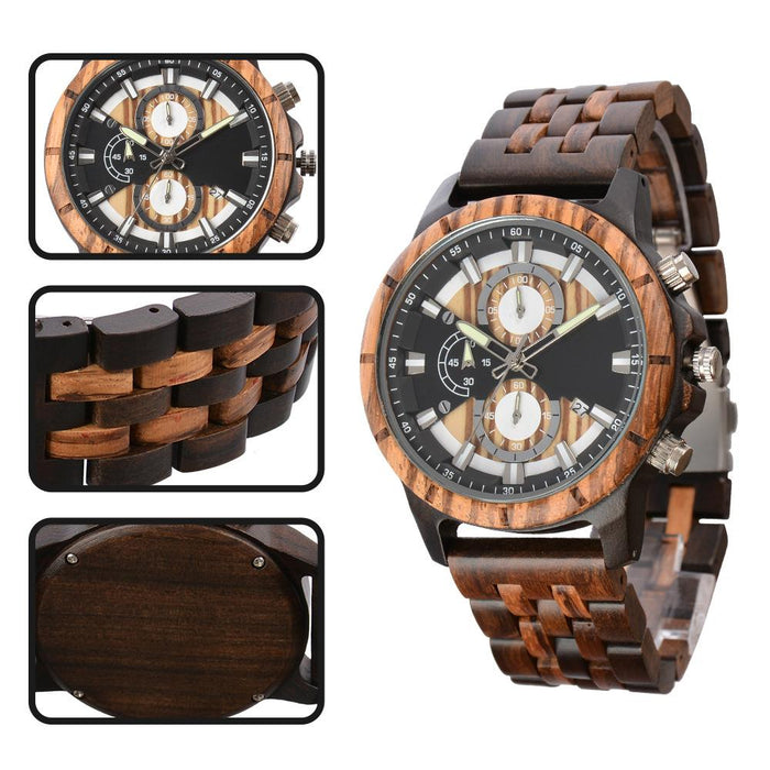 New Men's Business Multifunctional Luminous Large Dial Wooden Quartz Watch