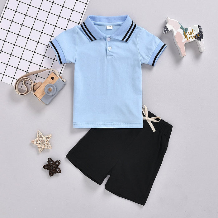 Striped stand collar shirt Short Sleeve Top Shorts two piece set