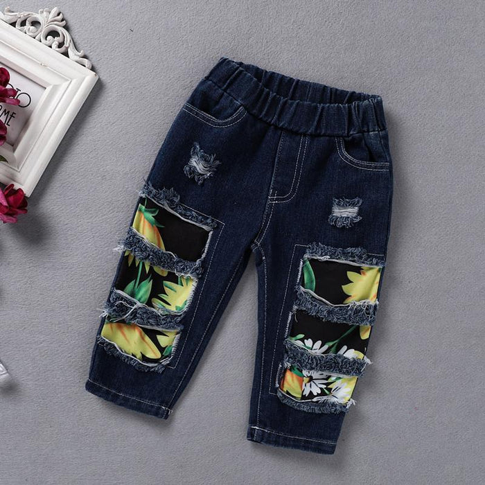 Solid colour long sleeved shirt sun printed denim perforated pants hair band three piece set