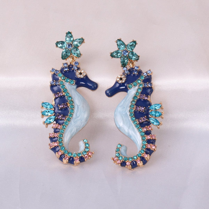 New style personality blue seahorse female Earrings accessories Inlaid Rhinestone