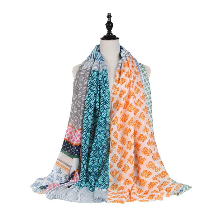 Satin Printed Contrast Stitched Scarf for Sun Protection and Warmth In Spring