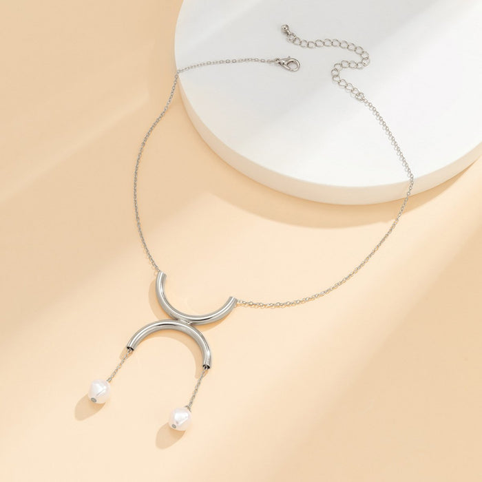 Geometric Semicircle Double Ring Imitation Pearl Tassel Pendant Clavicle Chain