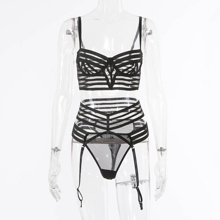 Sexy Hollow Lingerie Women Mesh Underwear Three Piece Set