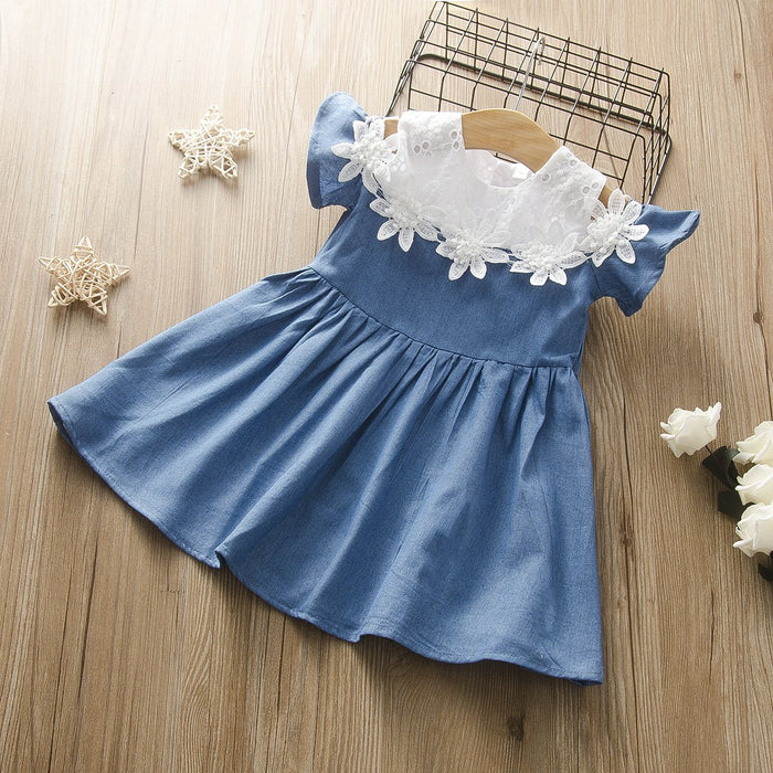 Girls skirt lace print stitched denim dress