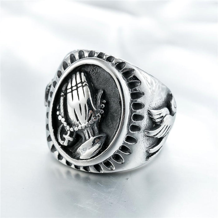 Christian Hands Prayer Peace Pigeon Titanium Steel Ring