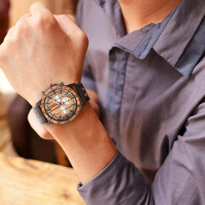 New Men's Multifunctional Business Luminous Large Dial Wood Quartz Watch