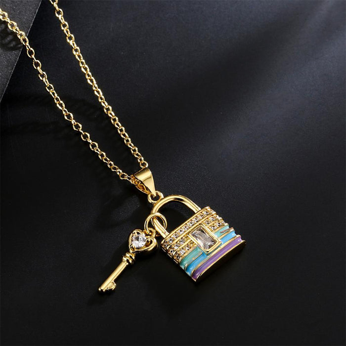 Drip Oil Zircon Key Lock Pendant Gold Color Necklace