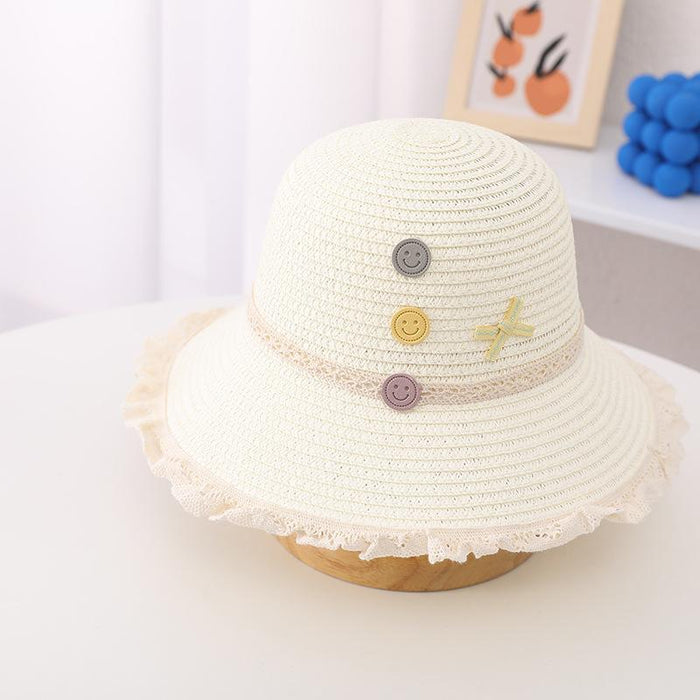 Trendy Three-color Button Children's Lace Straw Hat Bag Set