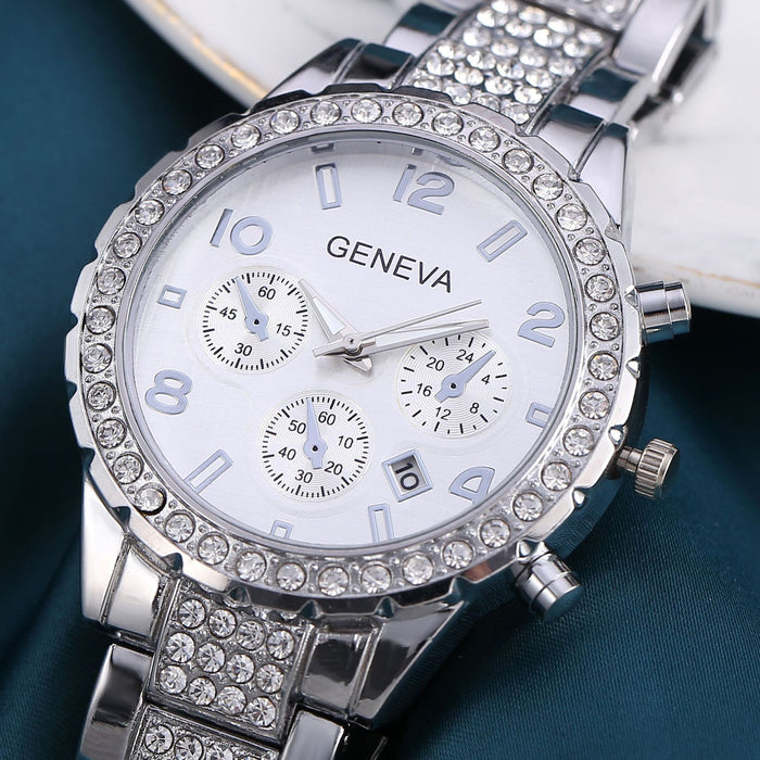 New Geneva Diamond Inlaid Three Eye Calendar Watch Llz22216