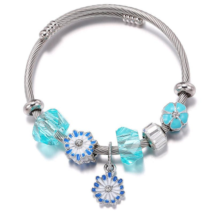 Open Stainless Steel Drop Oil Flower Pendant Bracelet