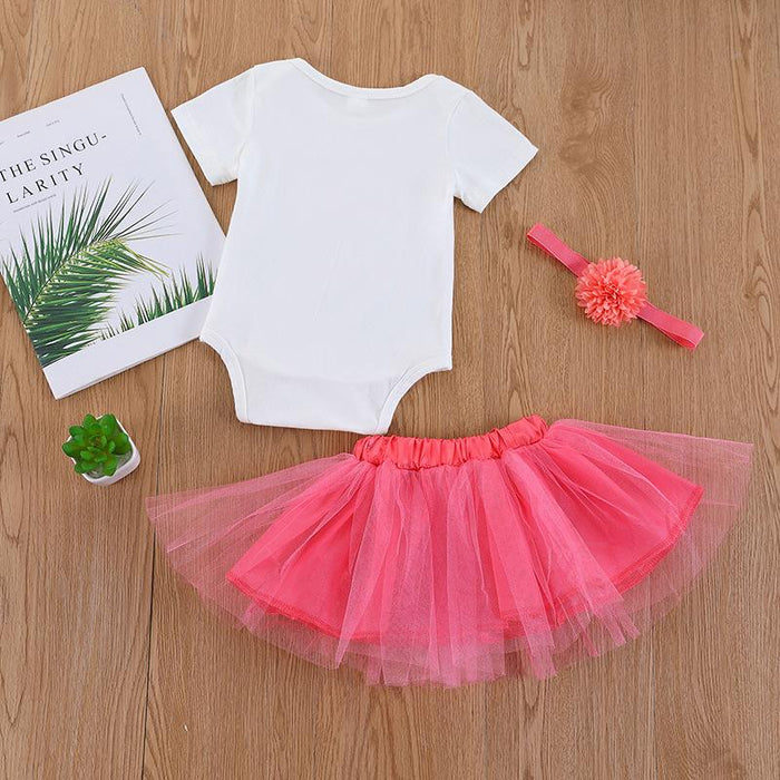 Solid letter short sleeve Khaki pink gauze skirt