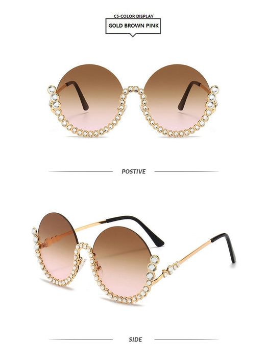 Round half frame metal Rhinestone Sunglasses