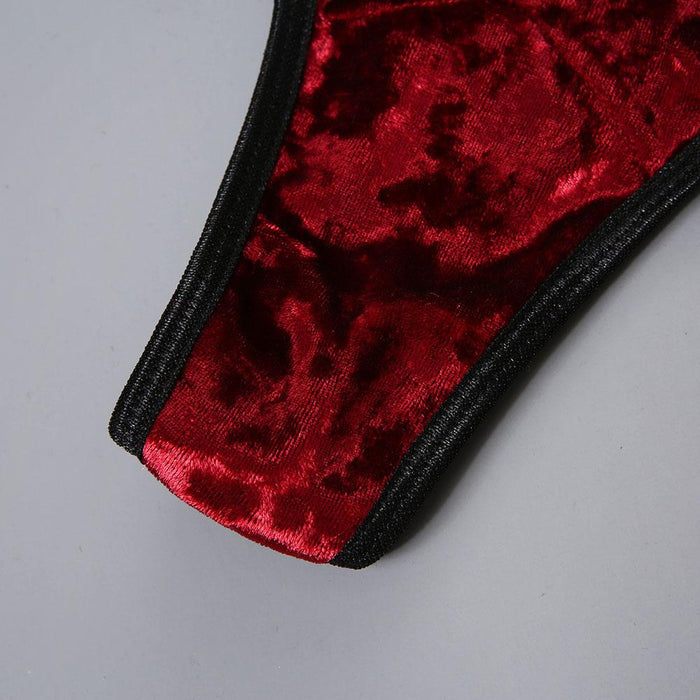 Women's Velvet Lingerie Sexy Lace Underwear Three-piece Set