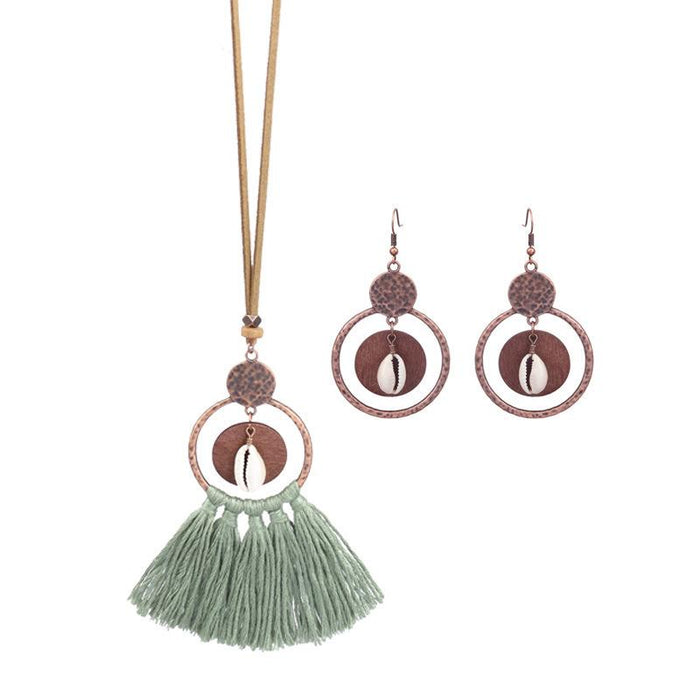 Women's Fashion Hollow Out Tassel Pendant Earring Necklace Set