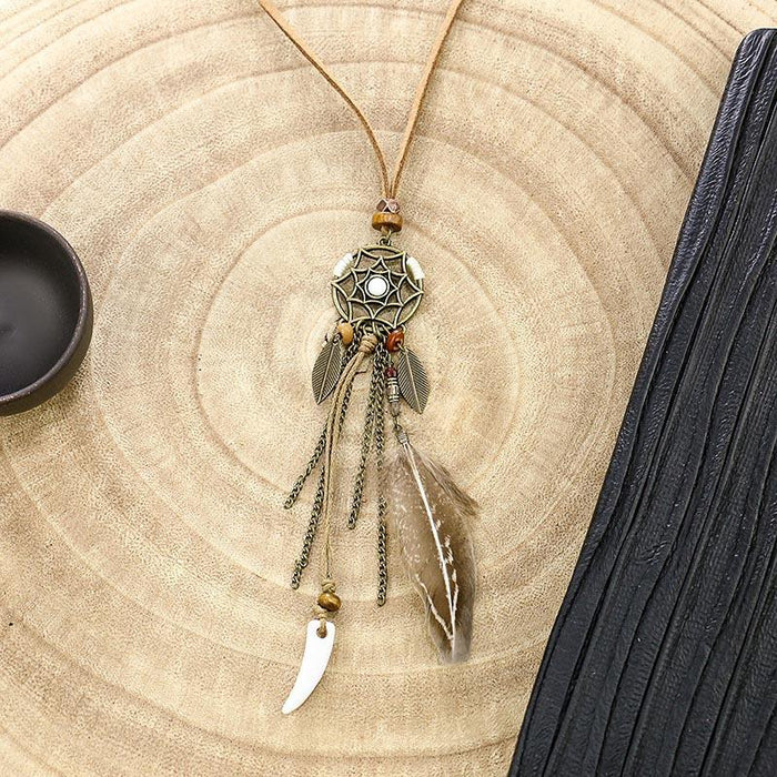 Boho Vintage Feather Tassel Dream Catcher Necklace