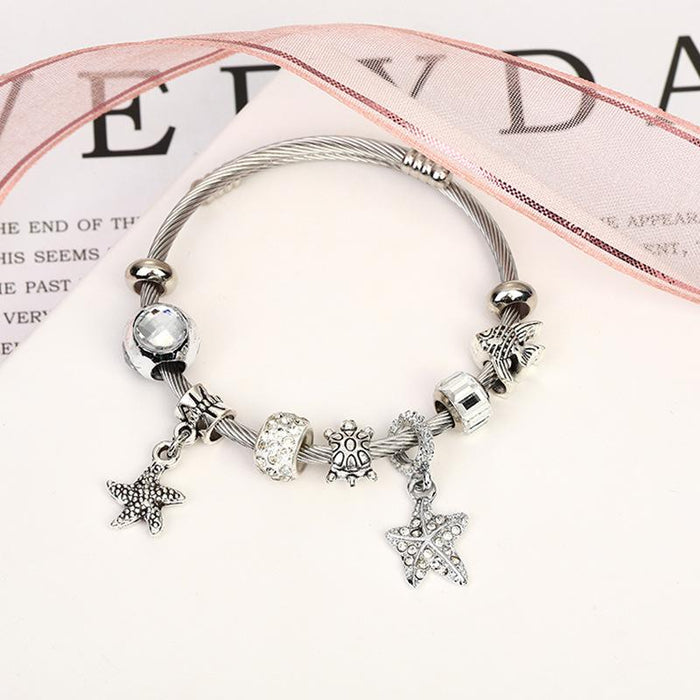 Stainless Steel Bracelet Starfish Sea Animal Beaded Bracelet