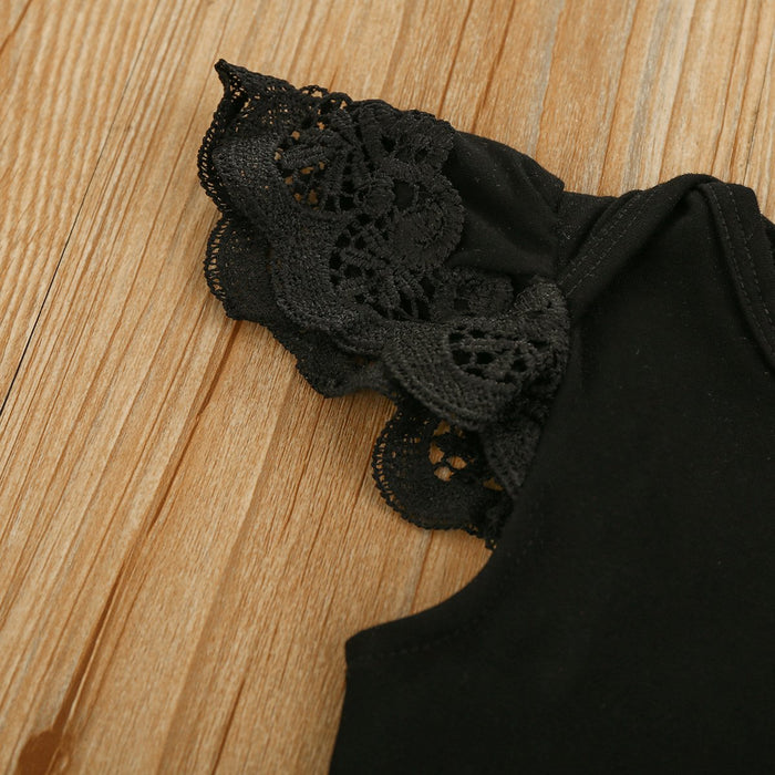 Girls' black fly sleeve top grey shorts two piece set