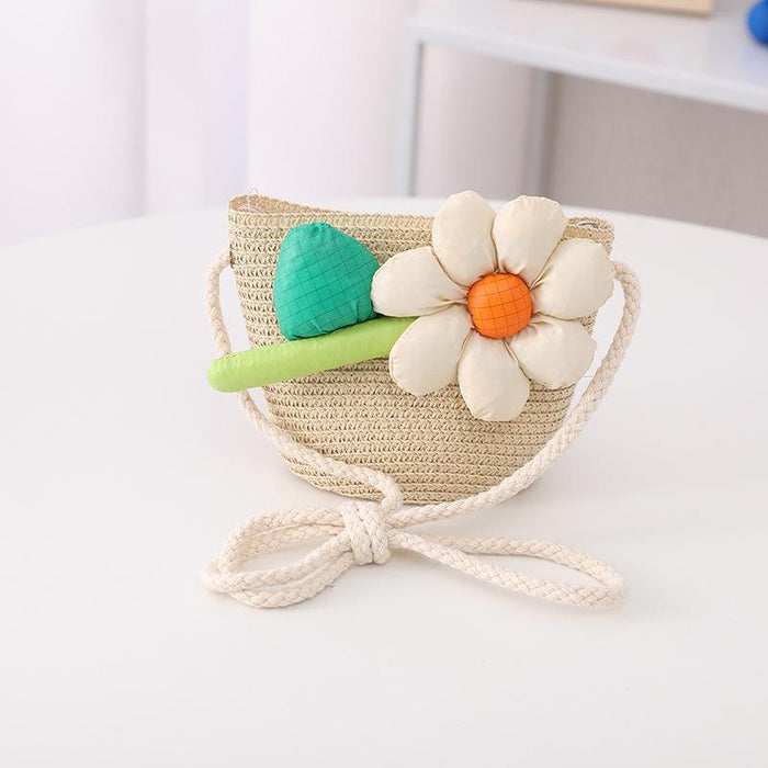 Trendy Three-dimensional Five-petal Flower Children's Wavy Straw Hat Bag Set