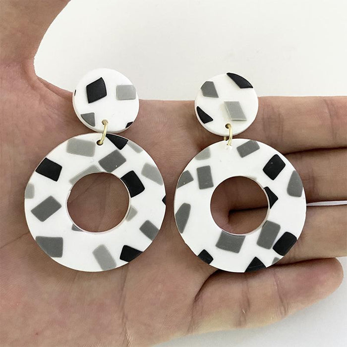 Handmade Soft Pottery Black and White Gray Geometric Earrings Jewelry