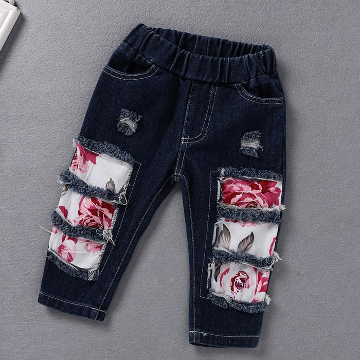 Solid colour long sleeved shirt sun printed denim perforated pants hair band three piece set