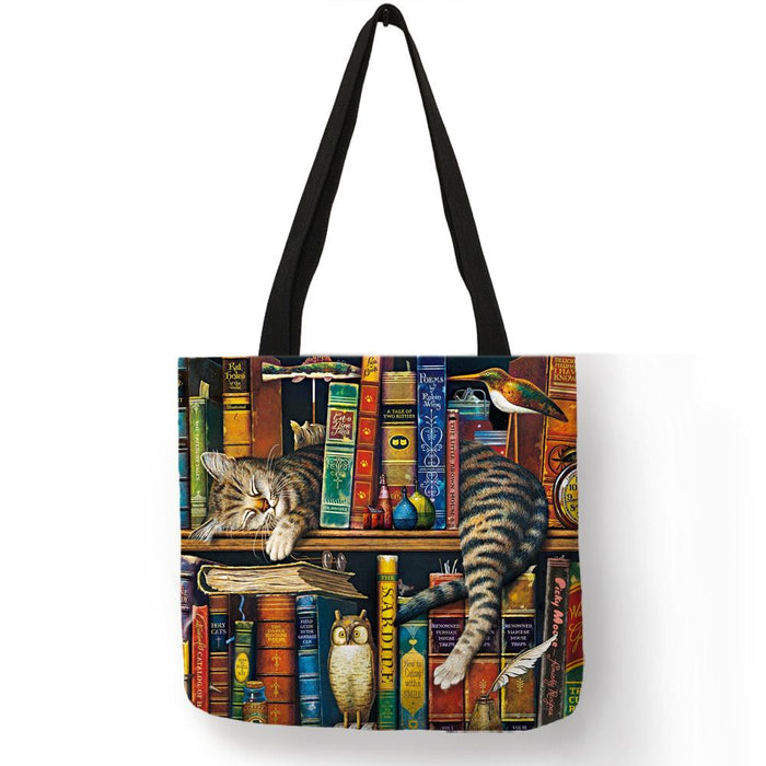 Oil Painting Cat Print Womens Designer Tote Bags