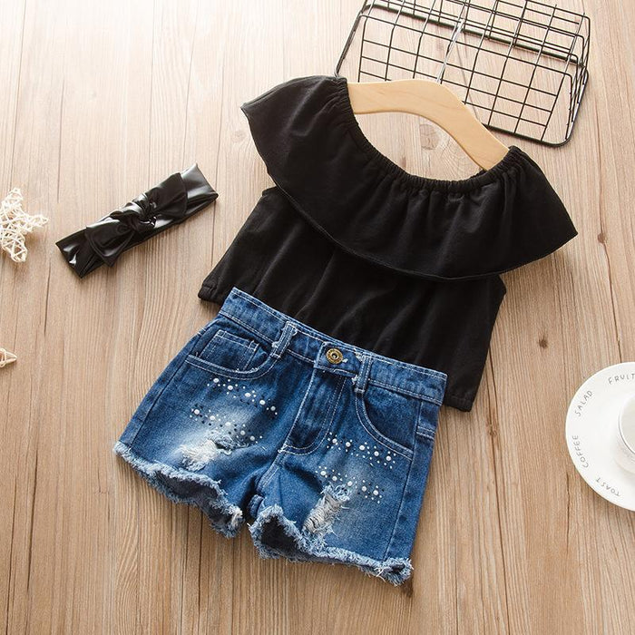 Sleeveless one shoulder Strapless Top + jeans hole shorts three piece suit + bow