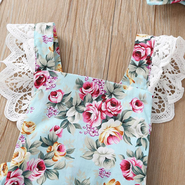 Baby Floral Bow Jumpsuit With Headband